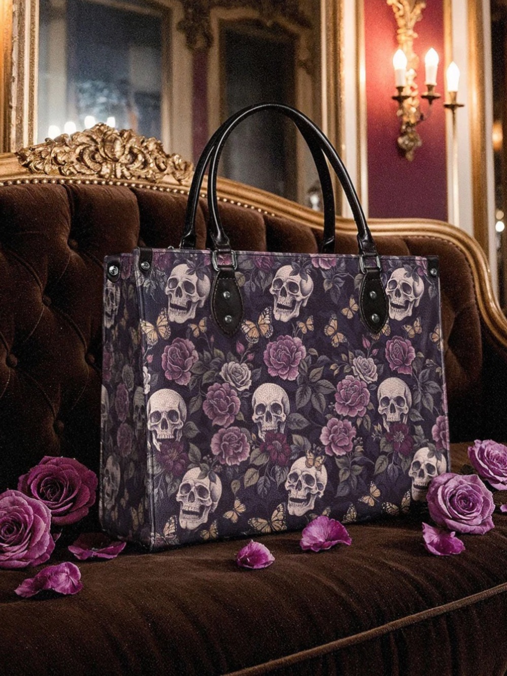 Gothic Skull & Rose Purple Tote Bag with Black Handles - Picture 4 of 9